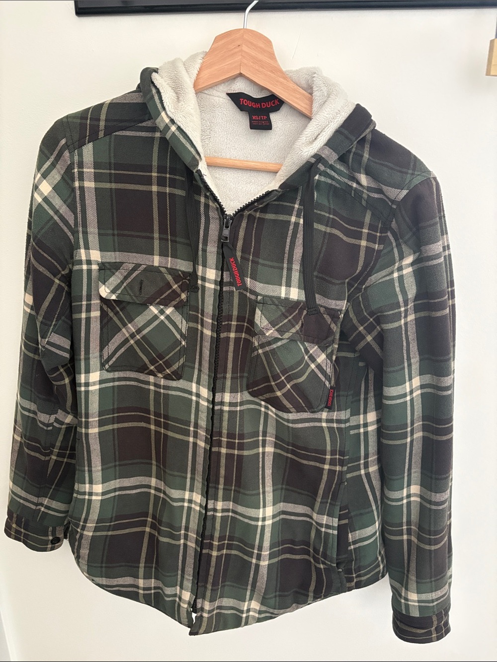 Tough Duck Green Plaid Sherpa-Lined Hooded Jacket Size XS